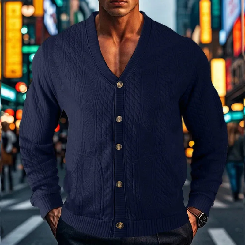 Wiaofellas  -  Men's Cardigan Winter Fall Solid V Collar Button Knit Coats Male Fashion Long Sleeve Jumper Retro Twist Knitted Business Sweater