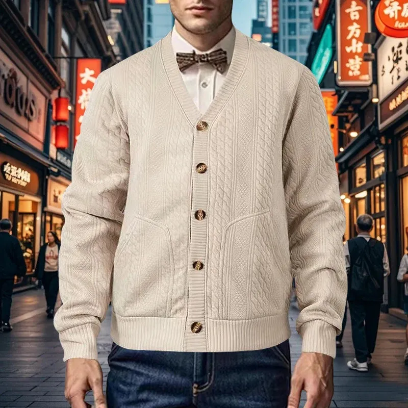 Wiaofellas  -  Men's Cardigan Winter Fall Solid V Collar Button Knit Coats Male Fashion Long Sleeve Jumper Retro Twist Knitted Business Sweater