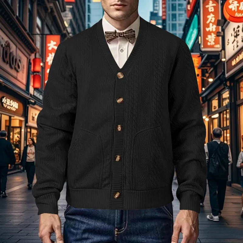 Wiaofellas  -  Men's Cardigan Winter Fall Solid V Collar Button Knit Coats Male Fashion Long Sleeve Jumper Retro Twist Knitted Business Sweater