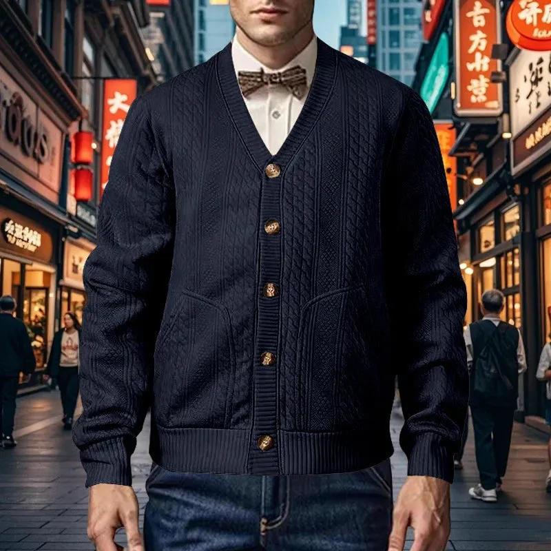 Wiaofellas  -  Men's Cardigan Winter Fall Solid V Collar Button Knit Coats Male Fashion Long Sleeve Jumper Retro Twist Knitted Business Sweater