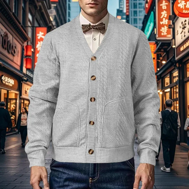 Wiaofellas  -  Men's Cardigan Winter Fall Solid V Collar Button Knit Coats Male Fashion Long Sleeve Jumper Retro Twist Knitted Business Sweater