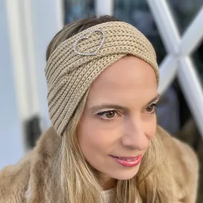 Winter Headband Beige with Heart Brooch in Organic Cotton Lurex Sustainable