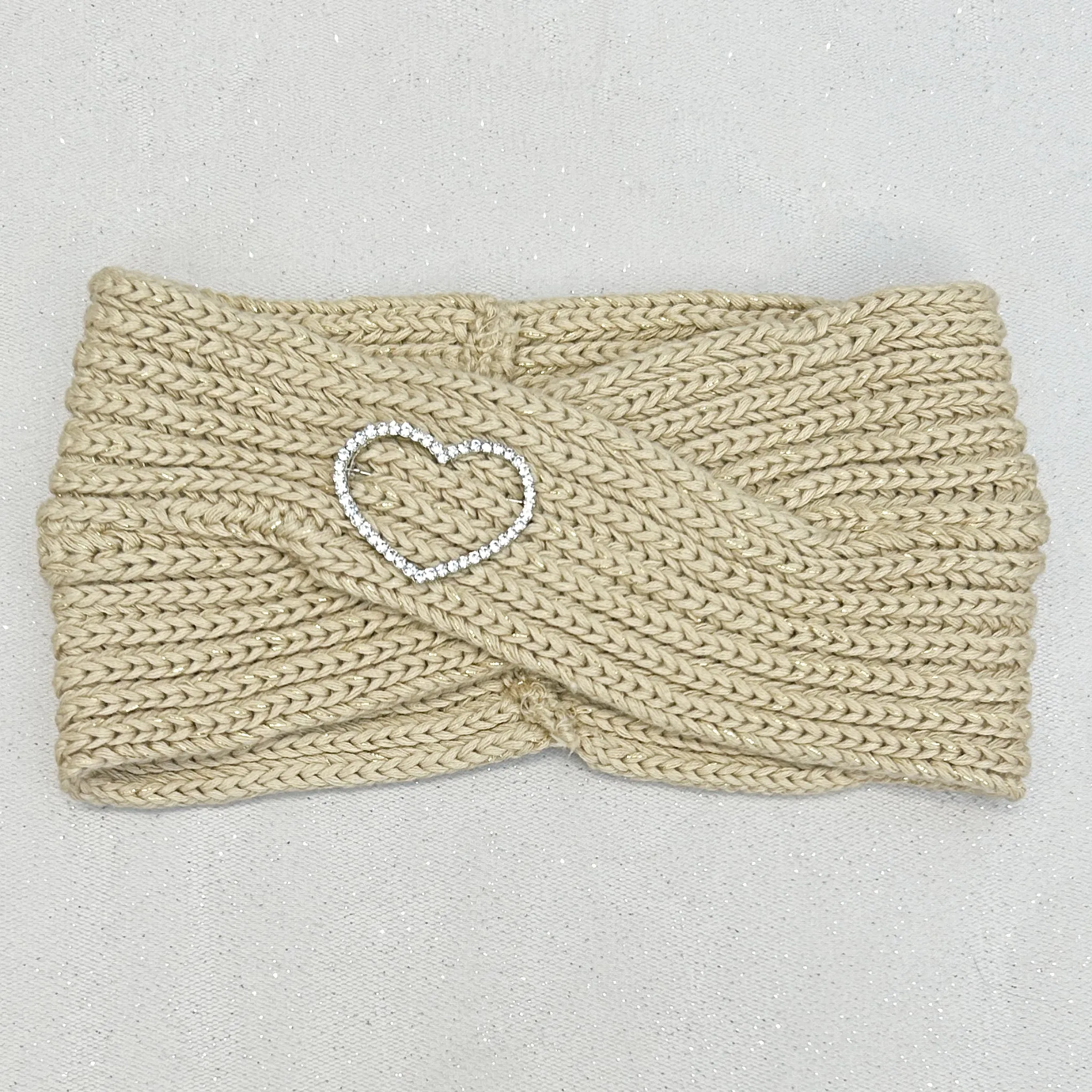 Winter Headband Beige with Heart Brooch in Organic Cotton Lurex Sustainable