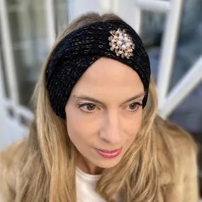 Winter Headband Black with Pearl Brooch in Organic Cotton Lurex Sustainable