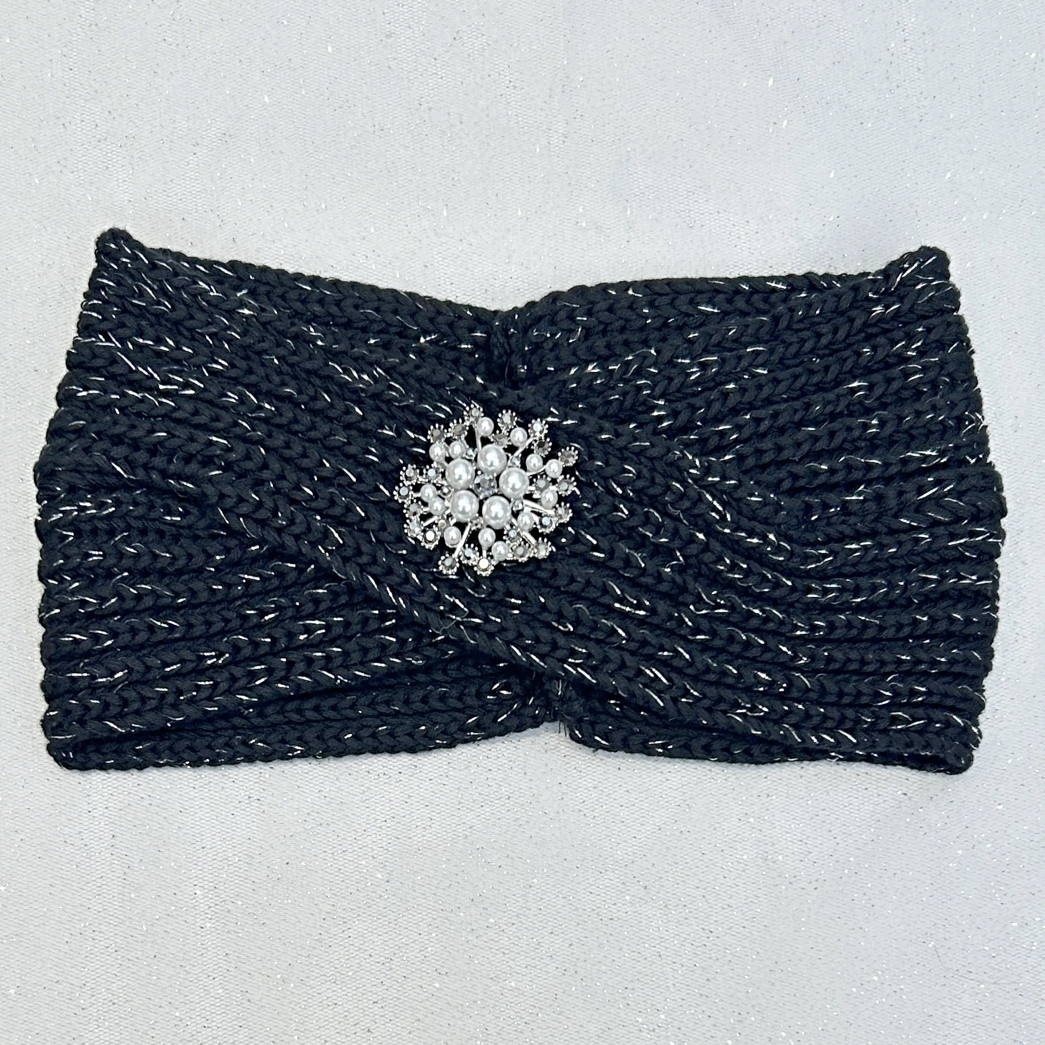 Winter Headband Black with Pearl Brooch in Organic Cotton Lurex Sustainable