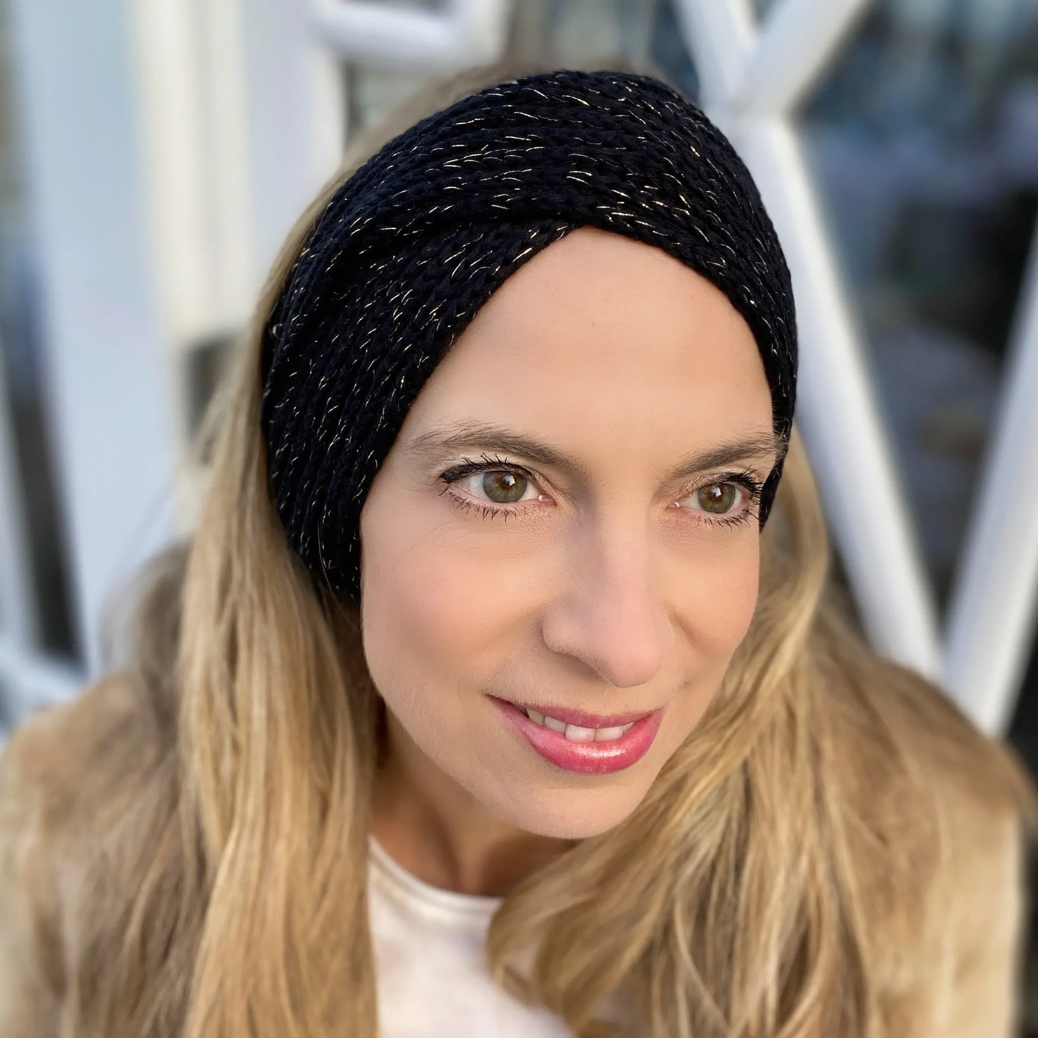 Winter Headband Black with Pearl Brooch in Organic Cotton Lurex Sustainable