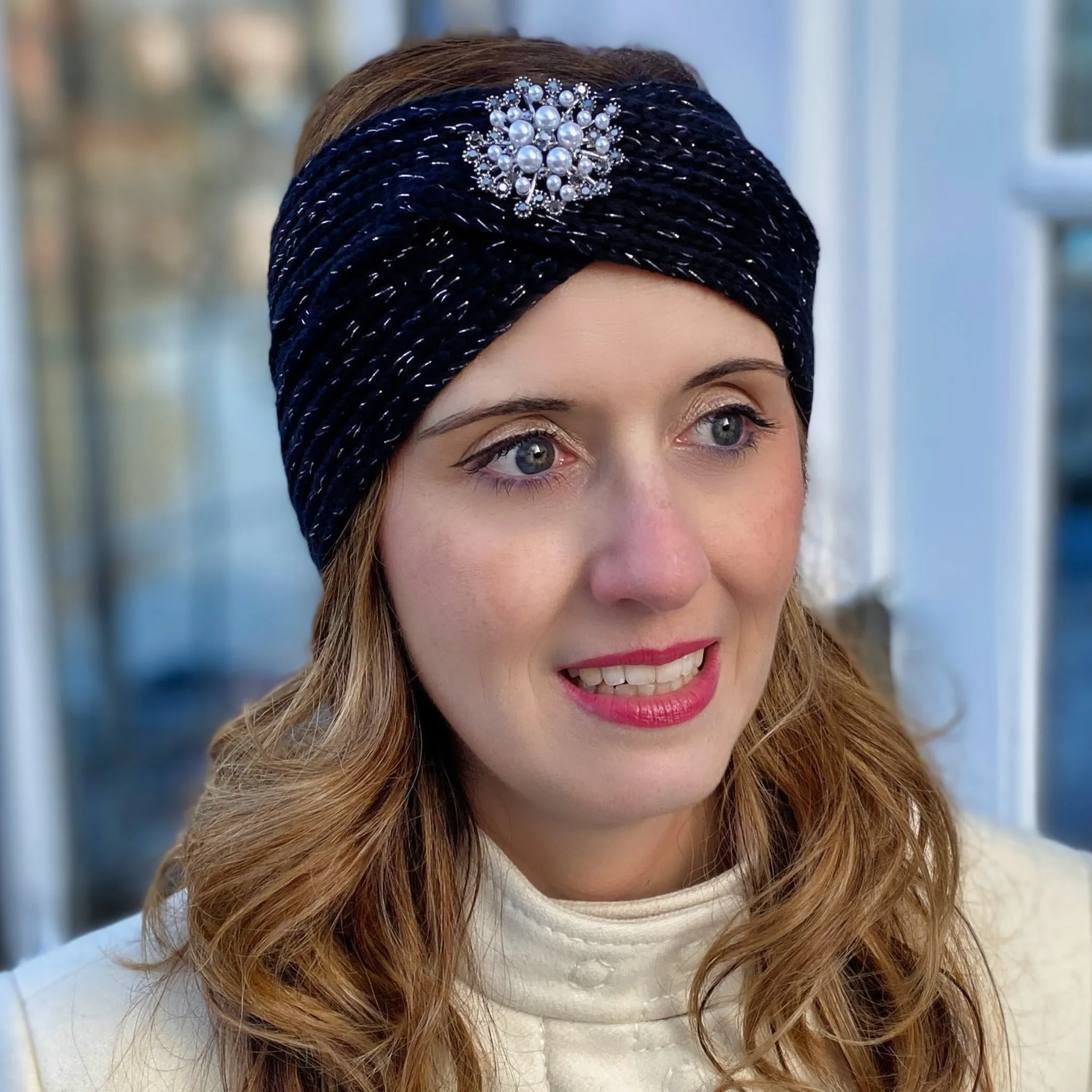 Winter Headband Black with Pearl Brooch in Organic Cotton Lurex Sustainable