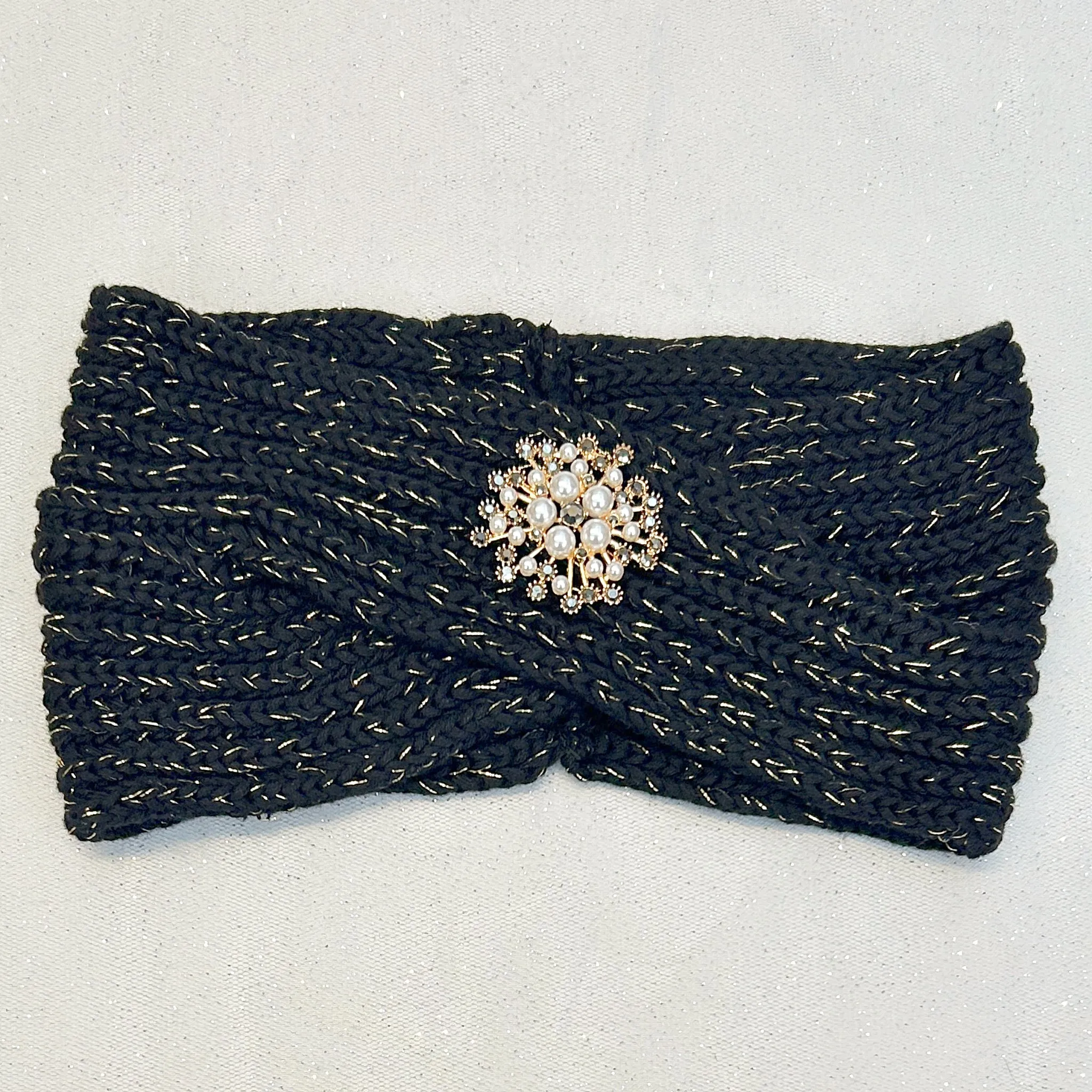Winter Headband Black with Pearl Brooch in Organic Cotton Lurex Sustainable