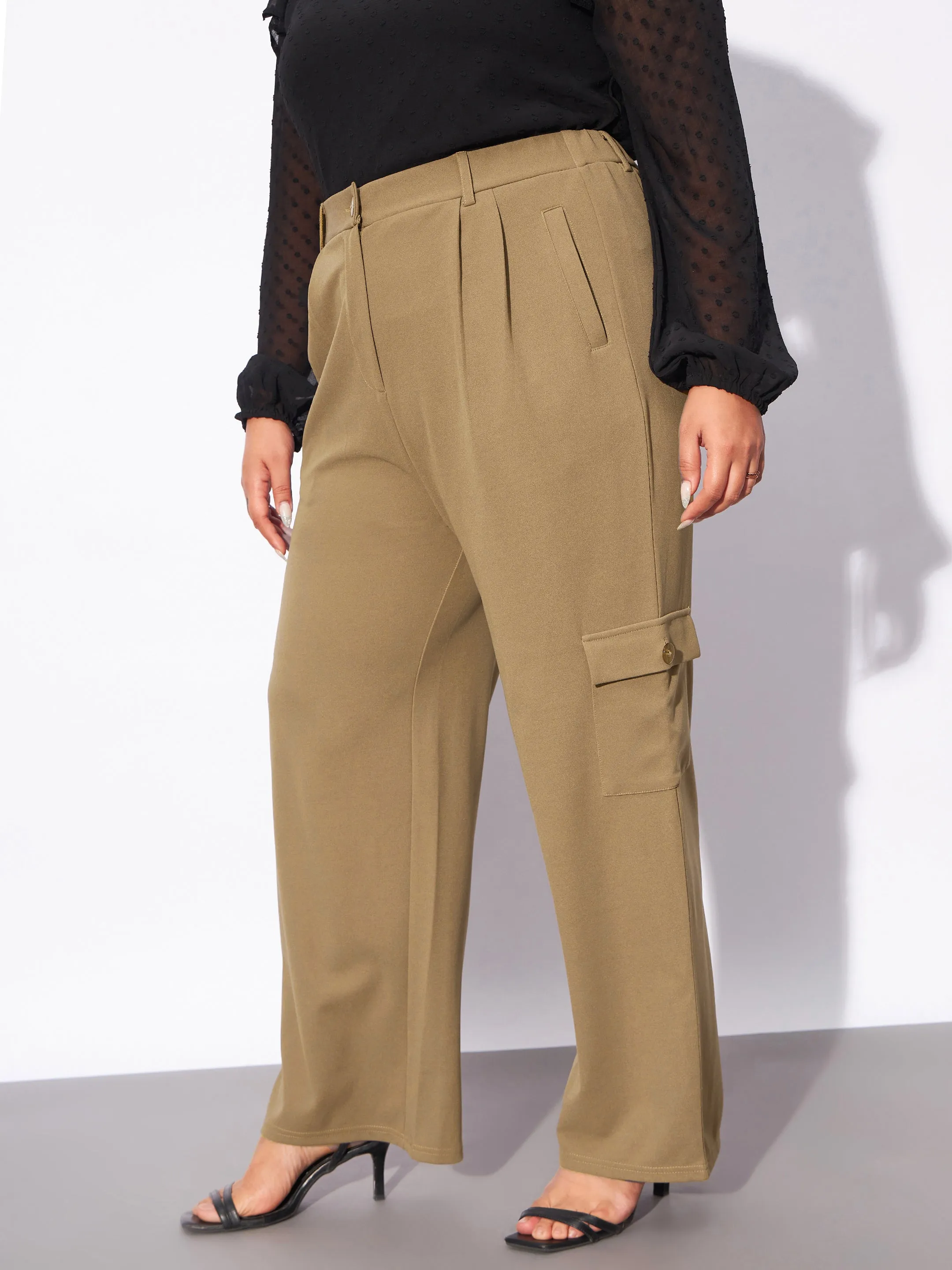 Women Beige Multi Pockets Cargo Pants