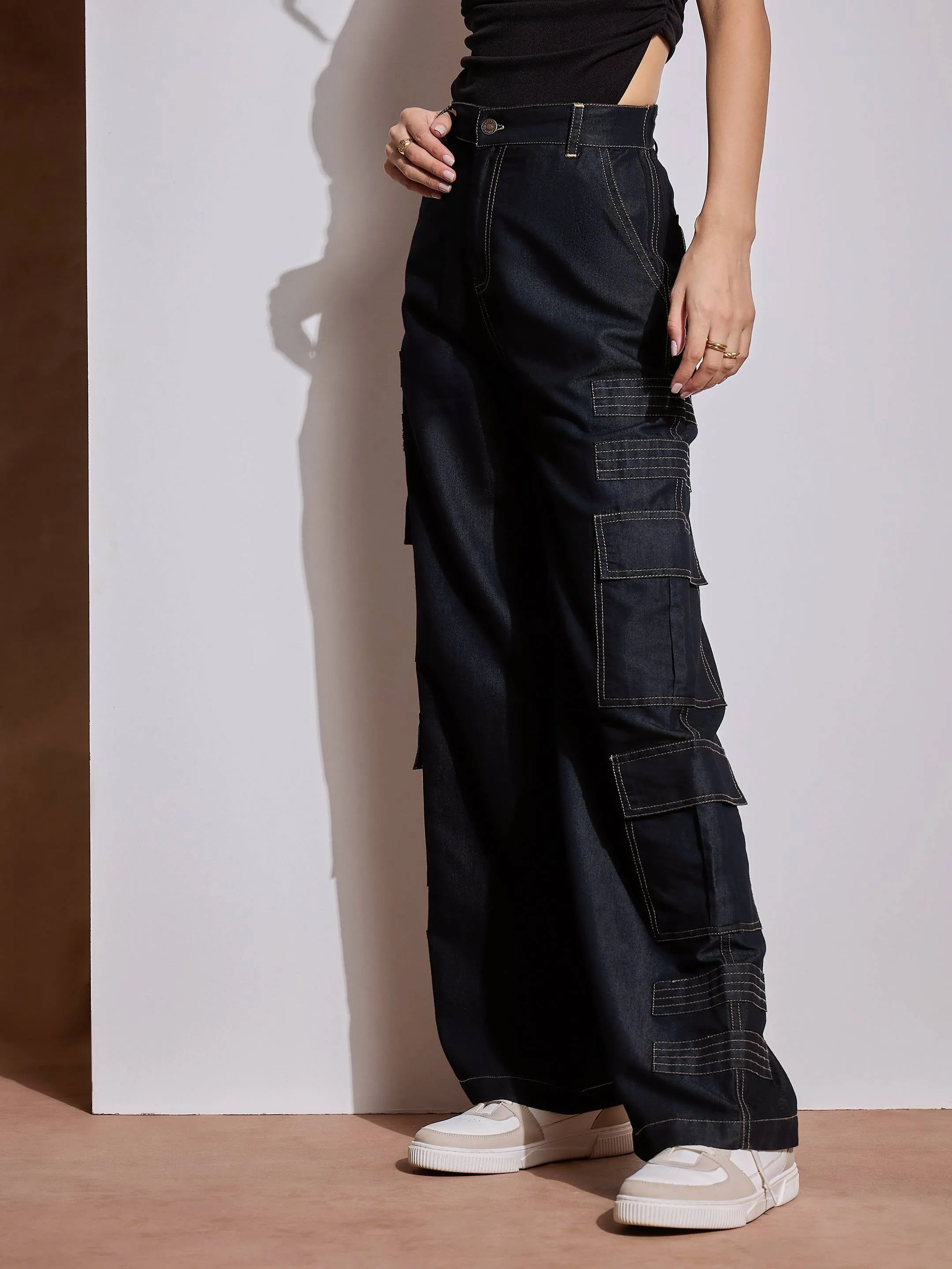 Women Black Tencel Contrast Stitch Cargo Pants