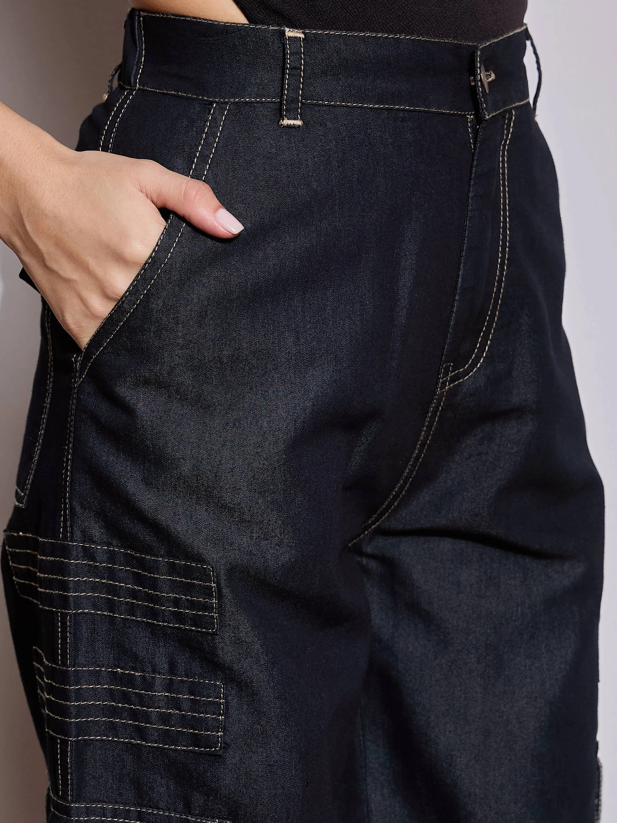 Women Black Tencel Contrast Stitch Cargo Pants