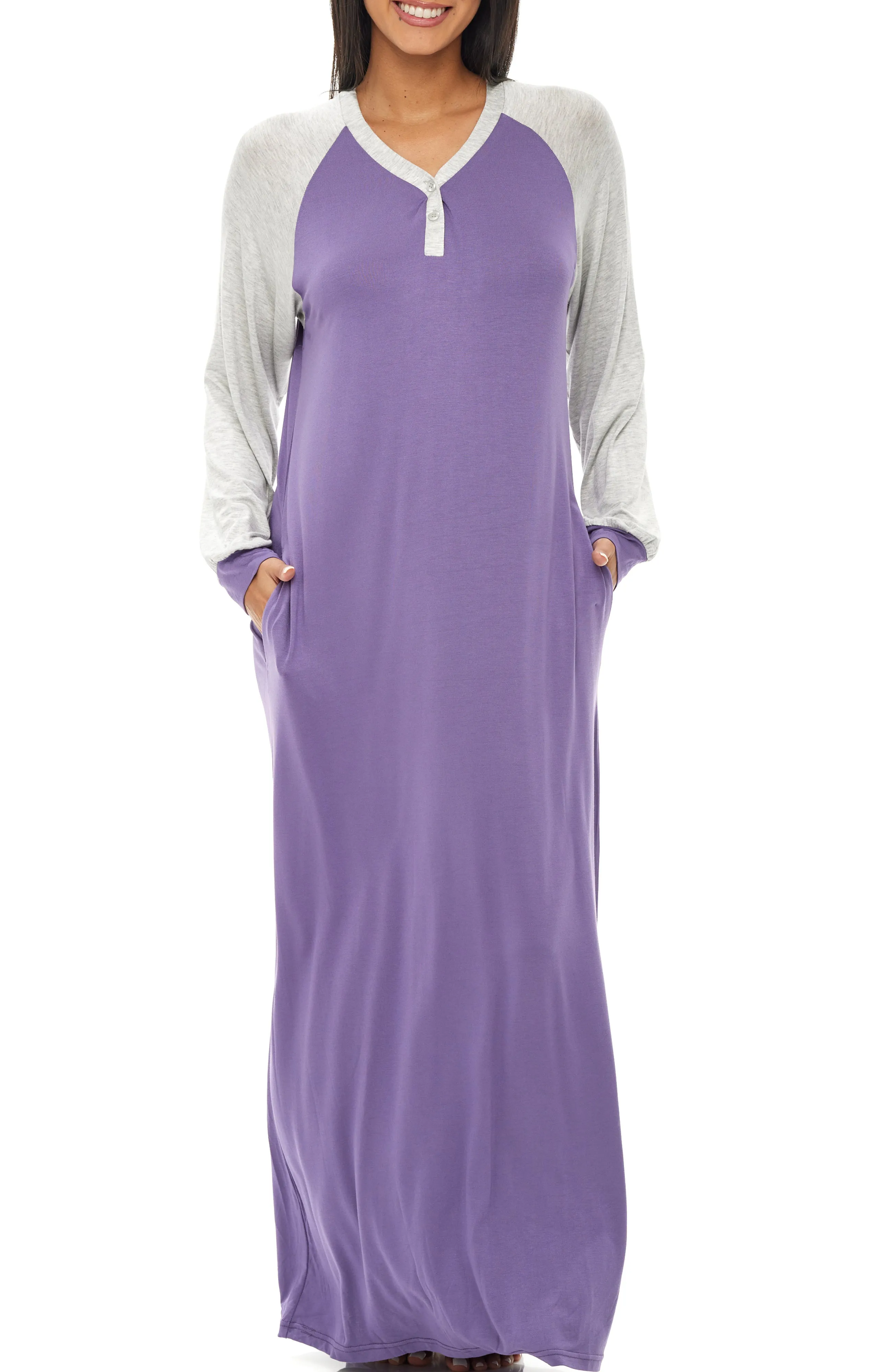 Women's Raglan Sleep Shirt with Pockets, Long Sleeve Nightshirt, Lightweight Nightgown
