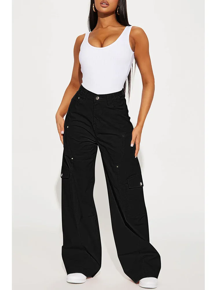 Women's Solid Color Elastic Waist Wide Leg Cargo Pant